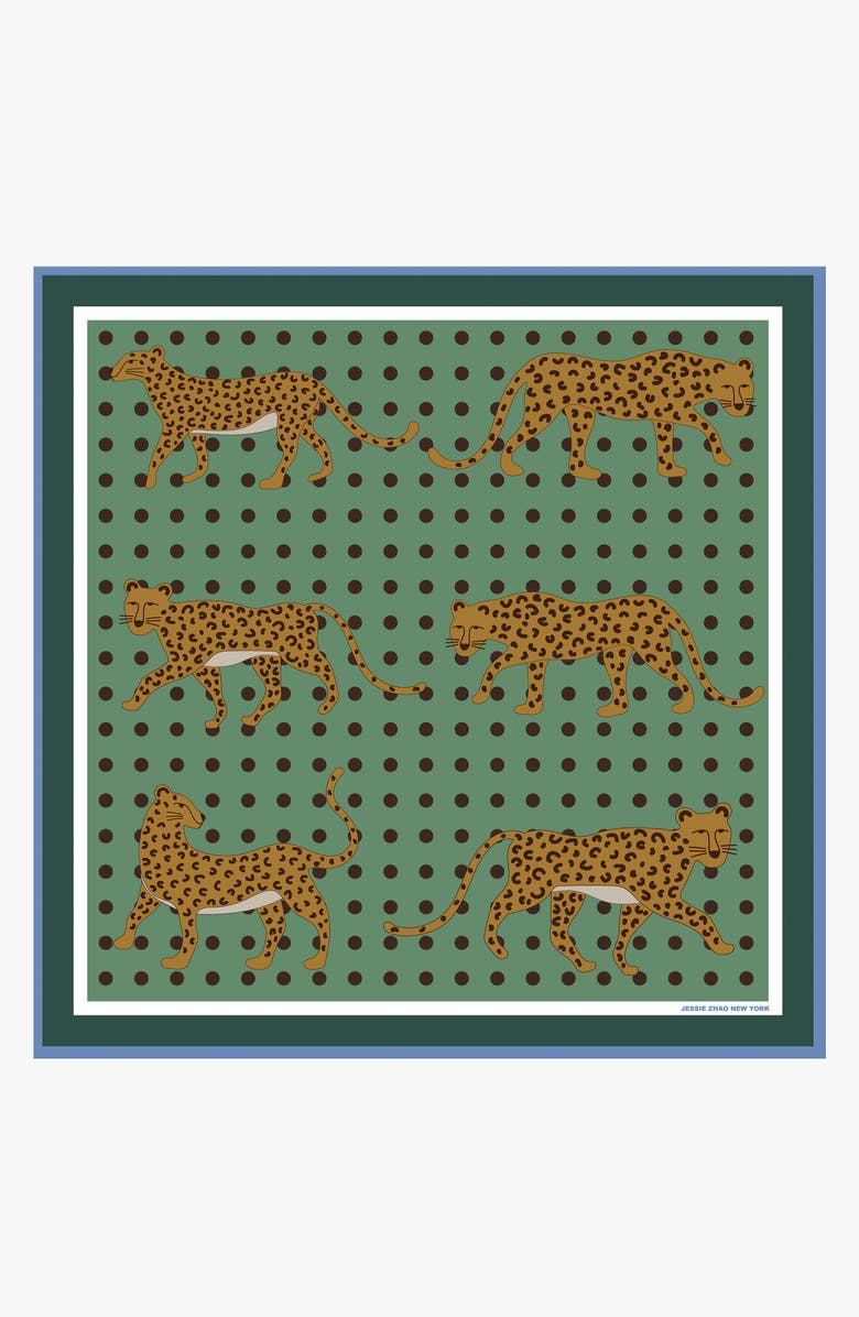 Jessie Zhao New York Double Sided Wool Silk Scarf Of Blue Leopards Garden, Alternate, color, Blue
