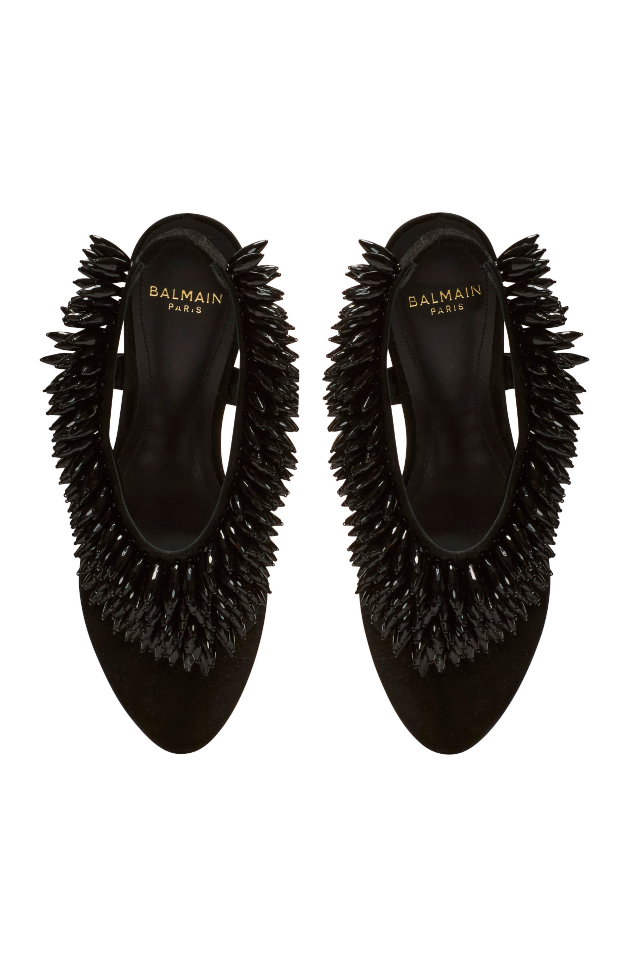 Balmain "No Wedge" beaded suede sandals, Alternate, color, Black