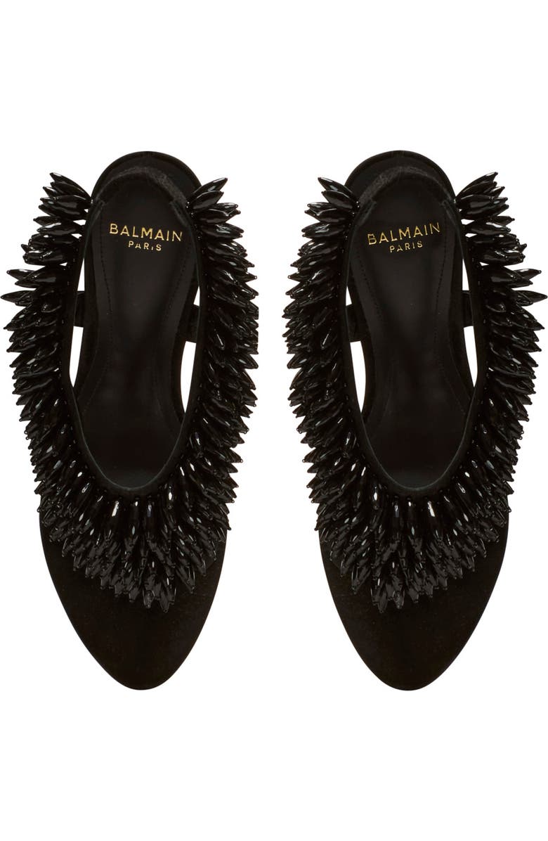 Balmain "No Wedge" beaded suede sandals, Alternate, color, Black