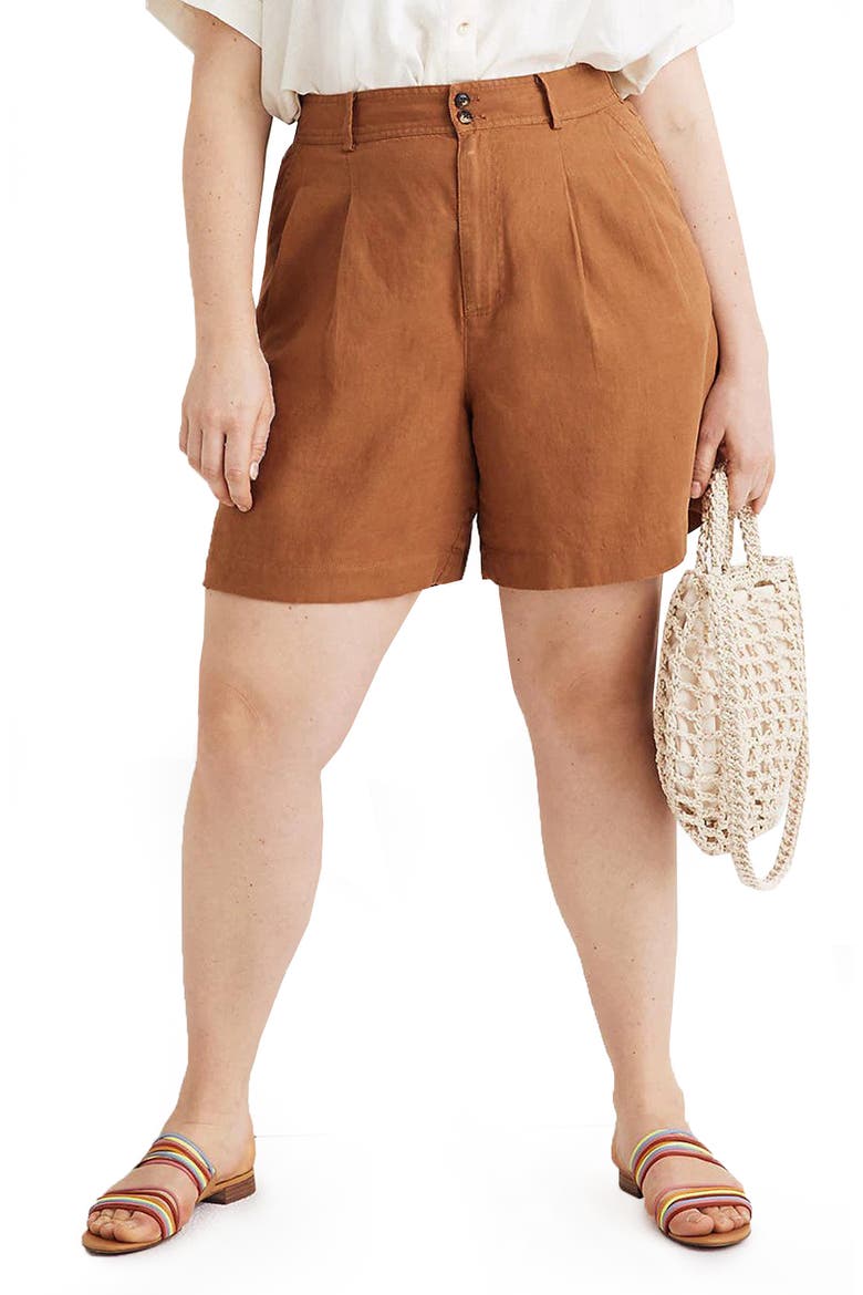 Long Pleated Linen Shorts, Alternate, color, WARM HICKORY