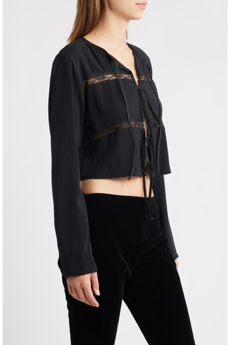The Camille Lace Inset Tie Front Top, Alternate, color, BLACK
