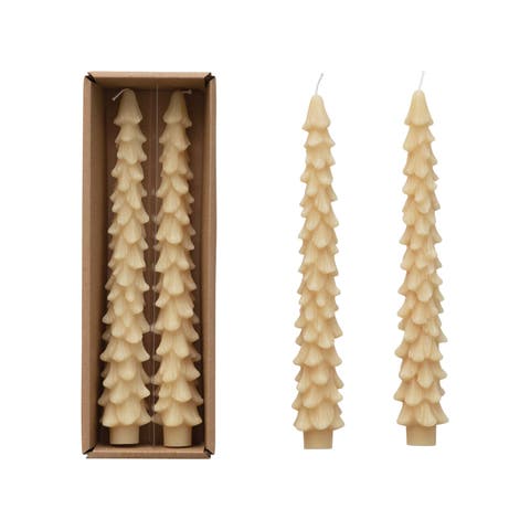 Unscented Tree Shaped Taper Candles, Eggnog Beige, Boxed Set Of 2