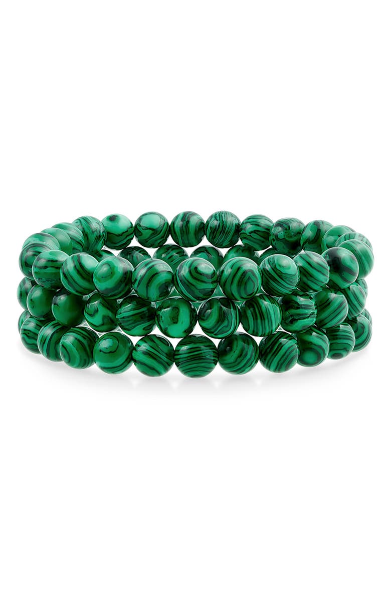 BLING JEWELRY Set of 3 Semiprecious Stone Beaded Stretch Bracelets, Main, color, Malachite