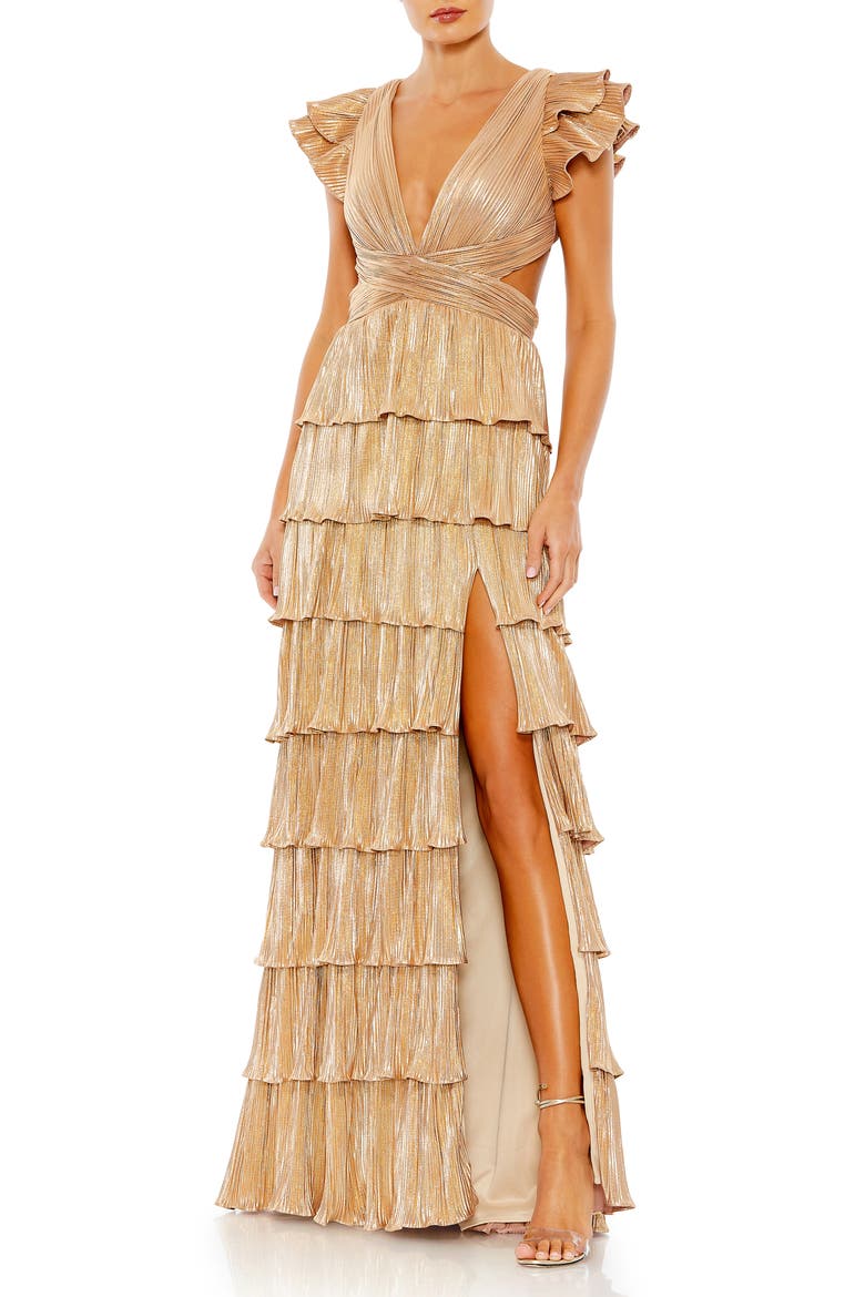 Ruffle Tiered Criss Cross Lace Up Gown, Main, color, GOLD