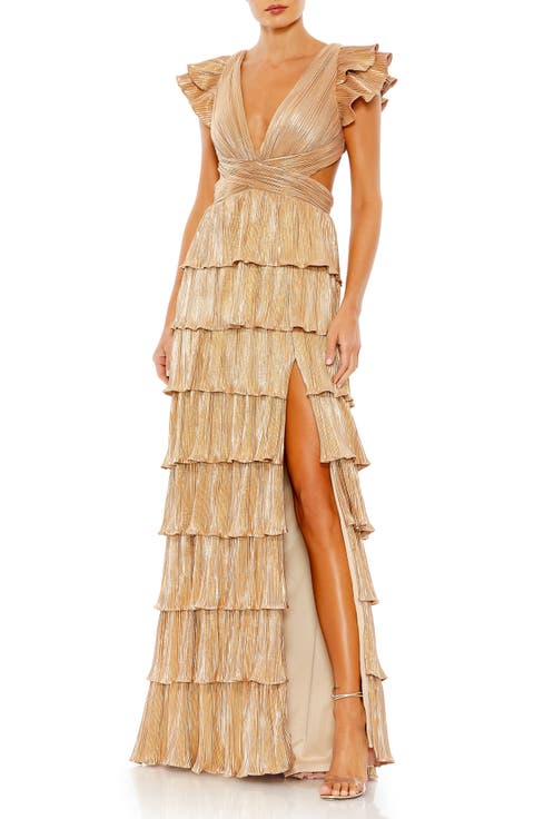 Ruffle Tiered Criss Cross Lace Up Gown