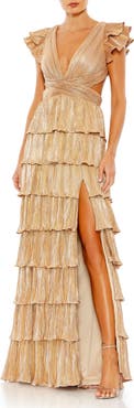 Ieena for Mac Duggal Ruffle Tiered Criss Cross Lace Up Gown