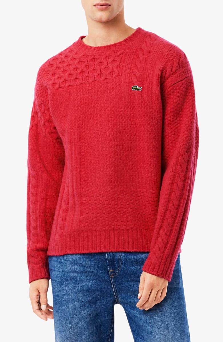 Lacoste Mixed Texture Wool Blend Crewneck Sweater, Main, color, Bigarreau Cherry