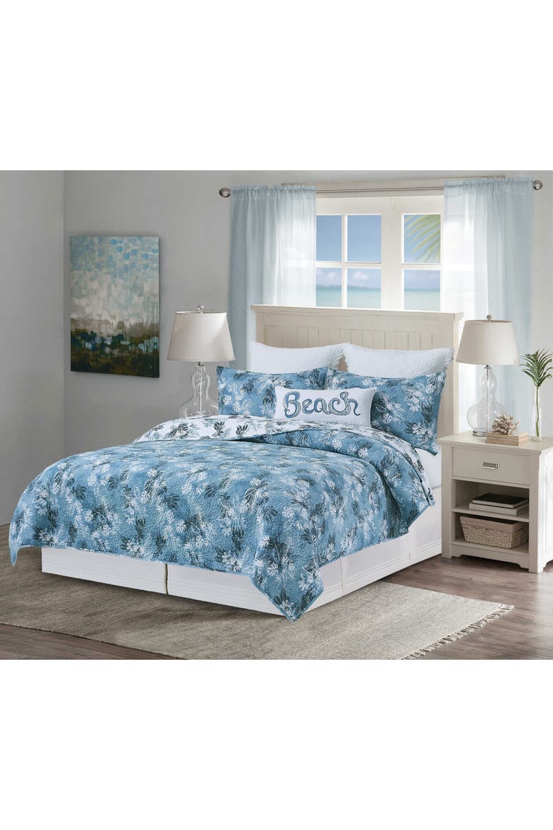 Bruno Palms Cotton Quilt Set  - Reversible and Machine Washable, Main, color, Blue