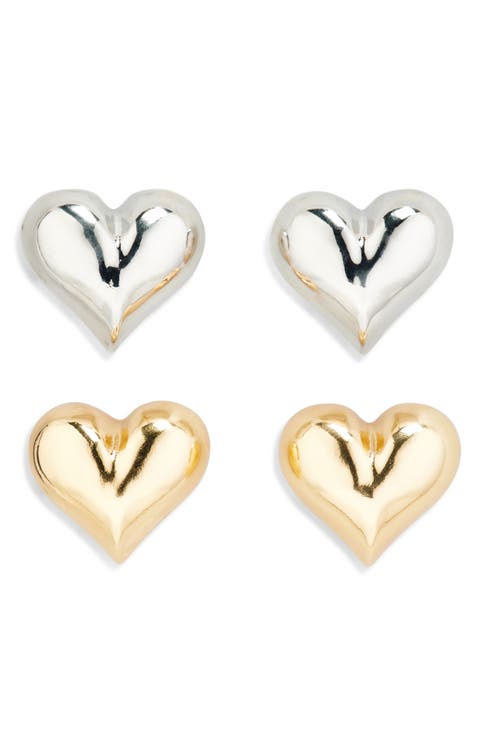 Set of 2 Two-Tone Heart Stud Earrings