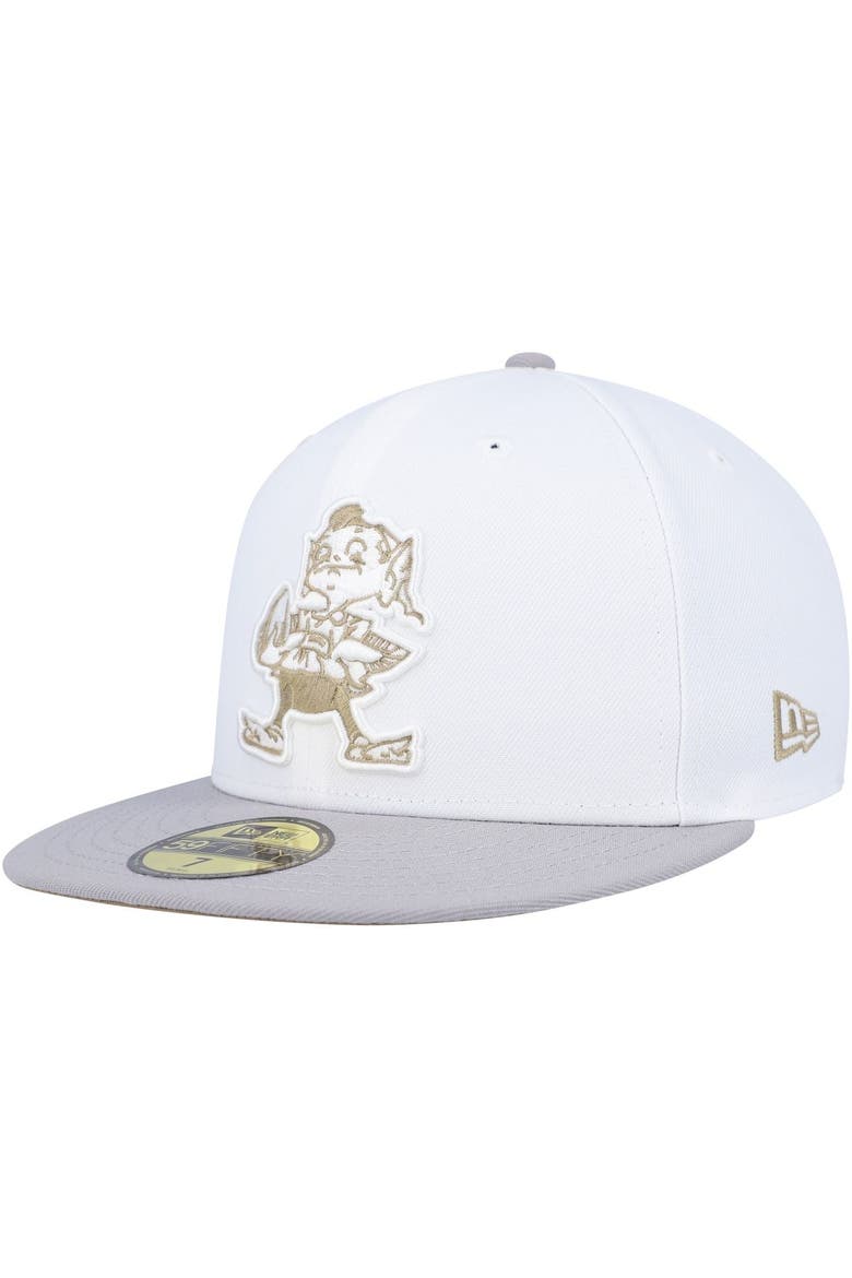 Men's New Era White/Gray Cleveland Browns 75th Anniversary Gold Undervisor 59FIFTY Fitted Hat, Alternate, color, White