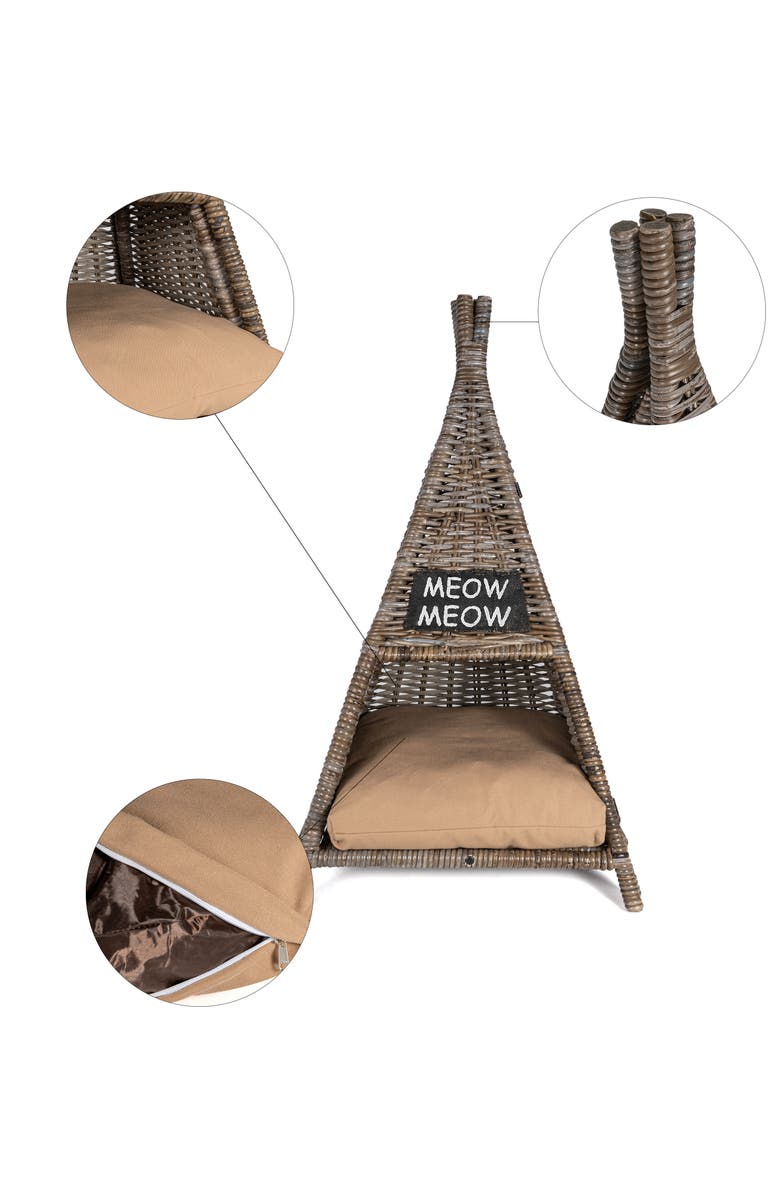 The Licker Store Tiki Tent 20" x 20" Coastal Handwoven Rattan Pet Bed with Machine-Washable Cushion, Alternate, color, Kubu Gray