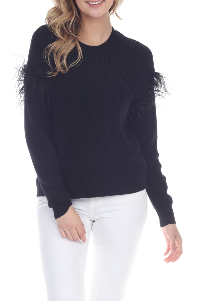 Feather Trim Crewneck Sweater, Main, color, BLACK