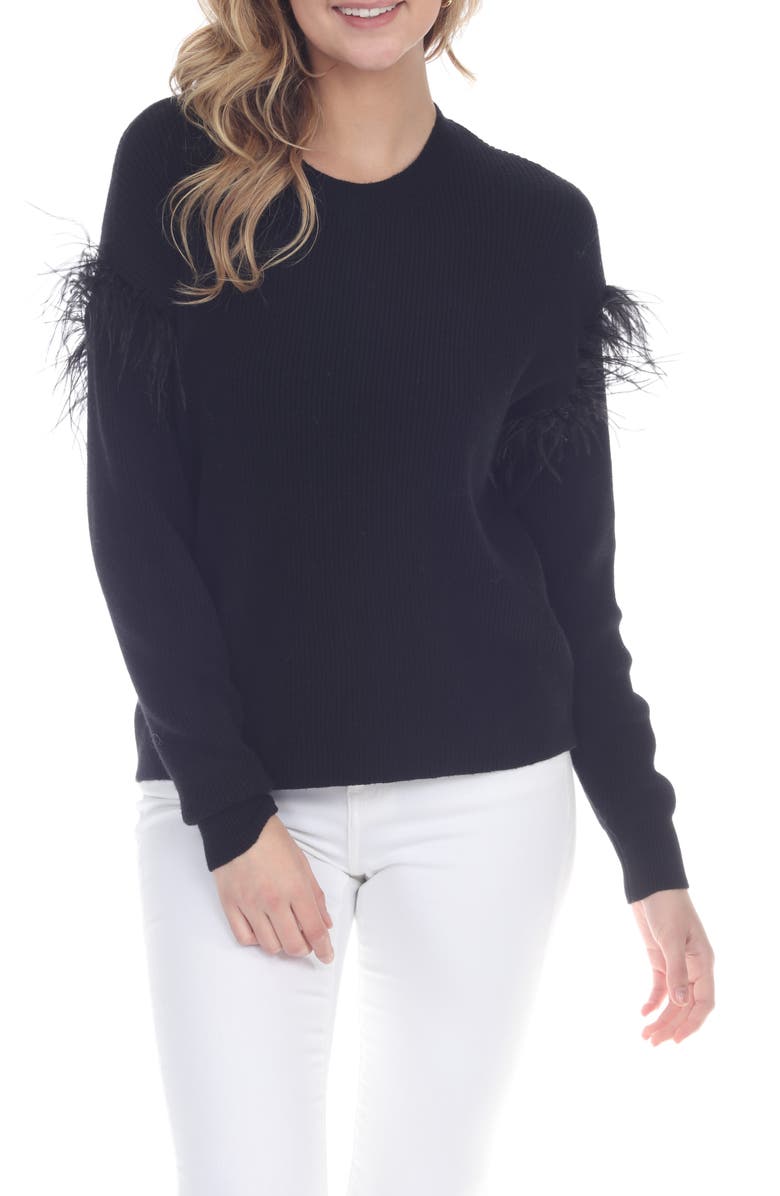 RAIN AND ROSE Feather Trim Crewneck Sweater, Main, color, Black