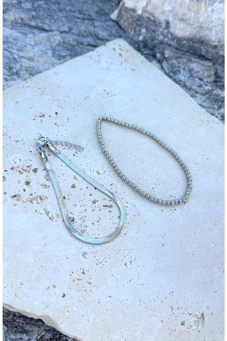 Set of 2 Herringbone & Bead Chain Bracelets, Alternate, color, SILVER