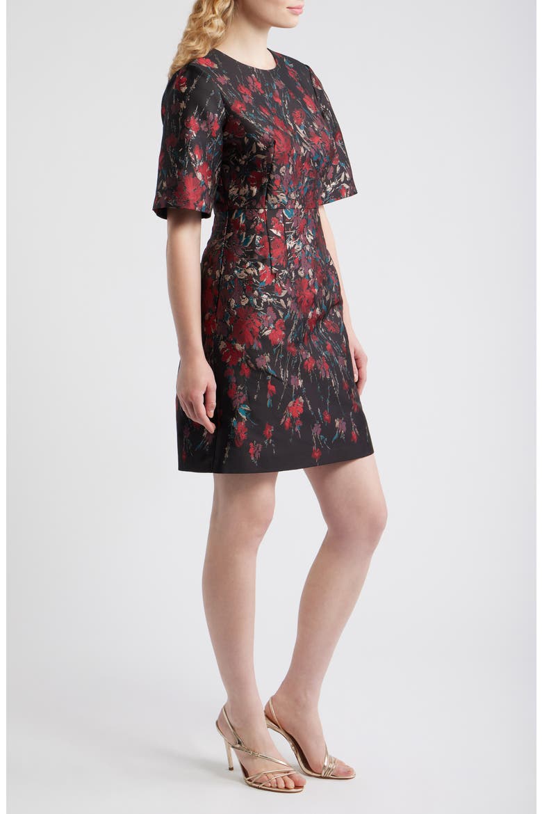 Metallic Floral Jacquard Elbow Sleeve Fit & Flare Dress, Alternate, color, RED