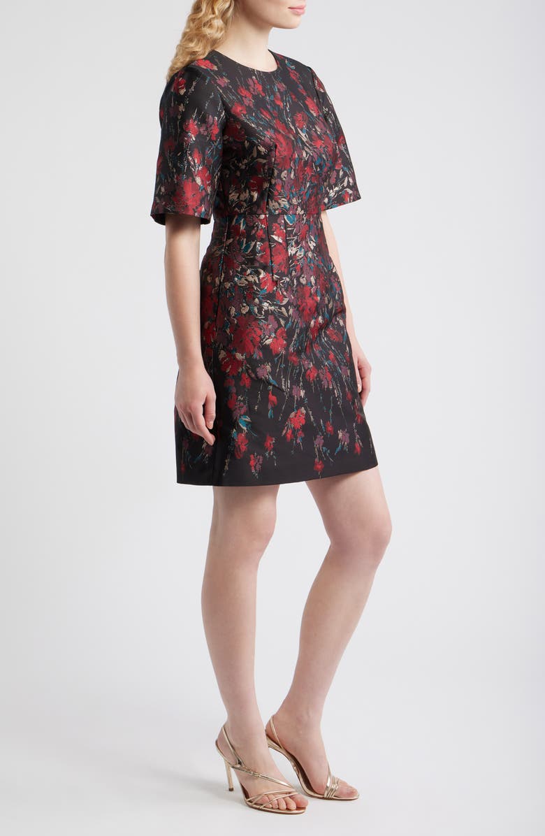 Vince Camuto Metallic Floral Jacquard Elbow Sleeve Fit & Flare Dress, Alternate, color, Red