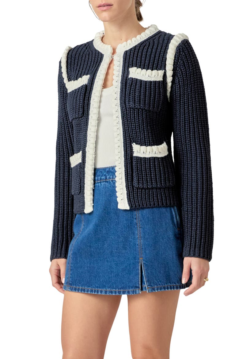 Colorblock Braided Cardigan, Alternate, color, NAVY/ WHITE