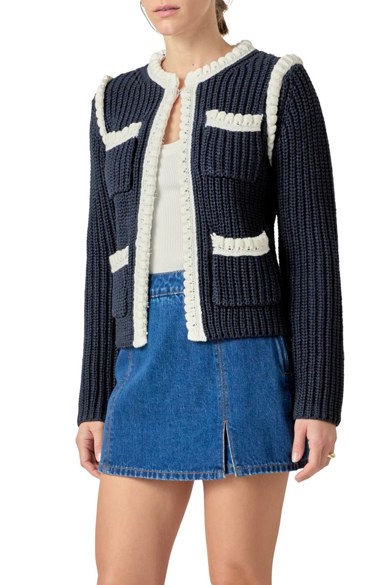 English Factory Colorblock Braided Cardigan, Alternate, color, Navy/ White
