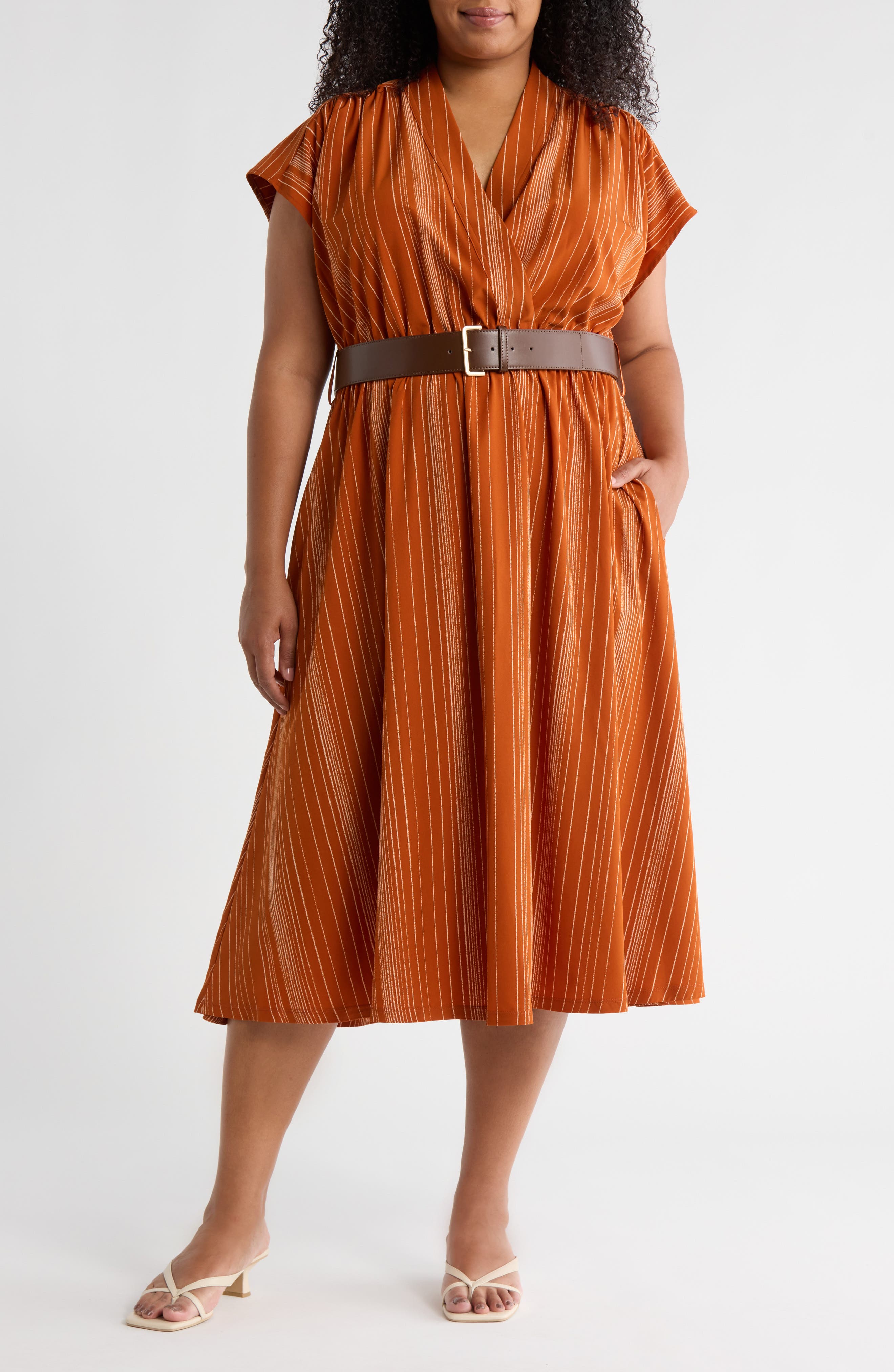 Calvin Klein Stripe Surplice V-Neck Belted Wrap Dress
