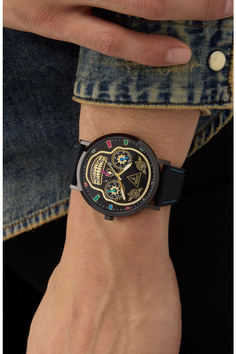 Day of the Dead Black Multifunction Silicone Strap Watch, 44mm, Alternate, color, BLACK