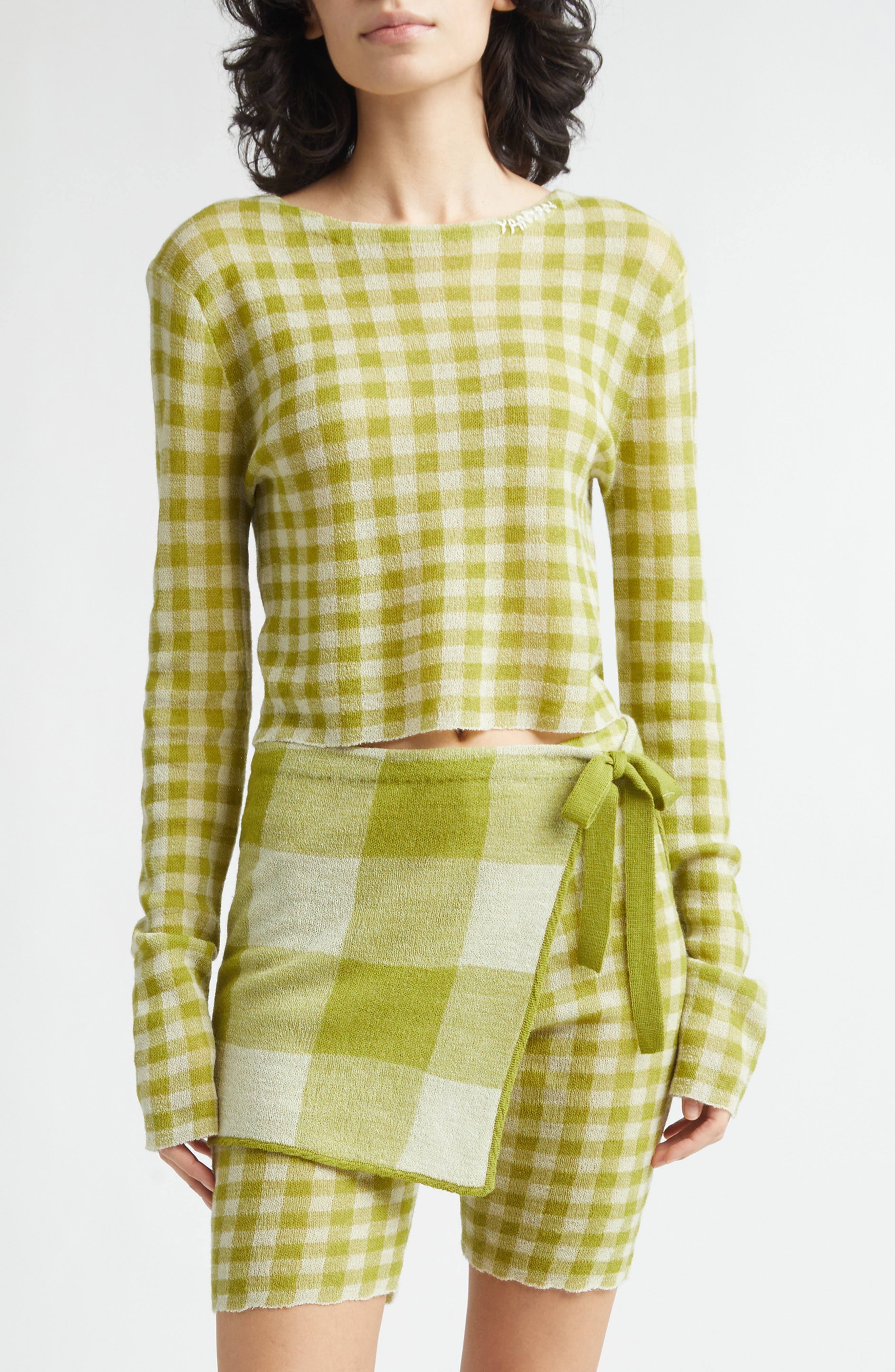 Yanyan Gingham Check Wool Boatneck Sweater In Green