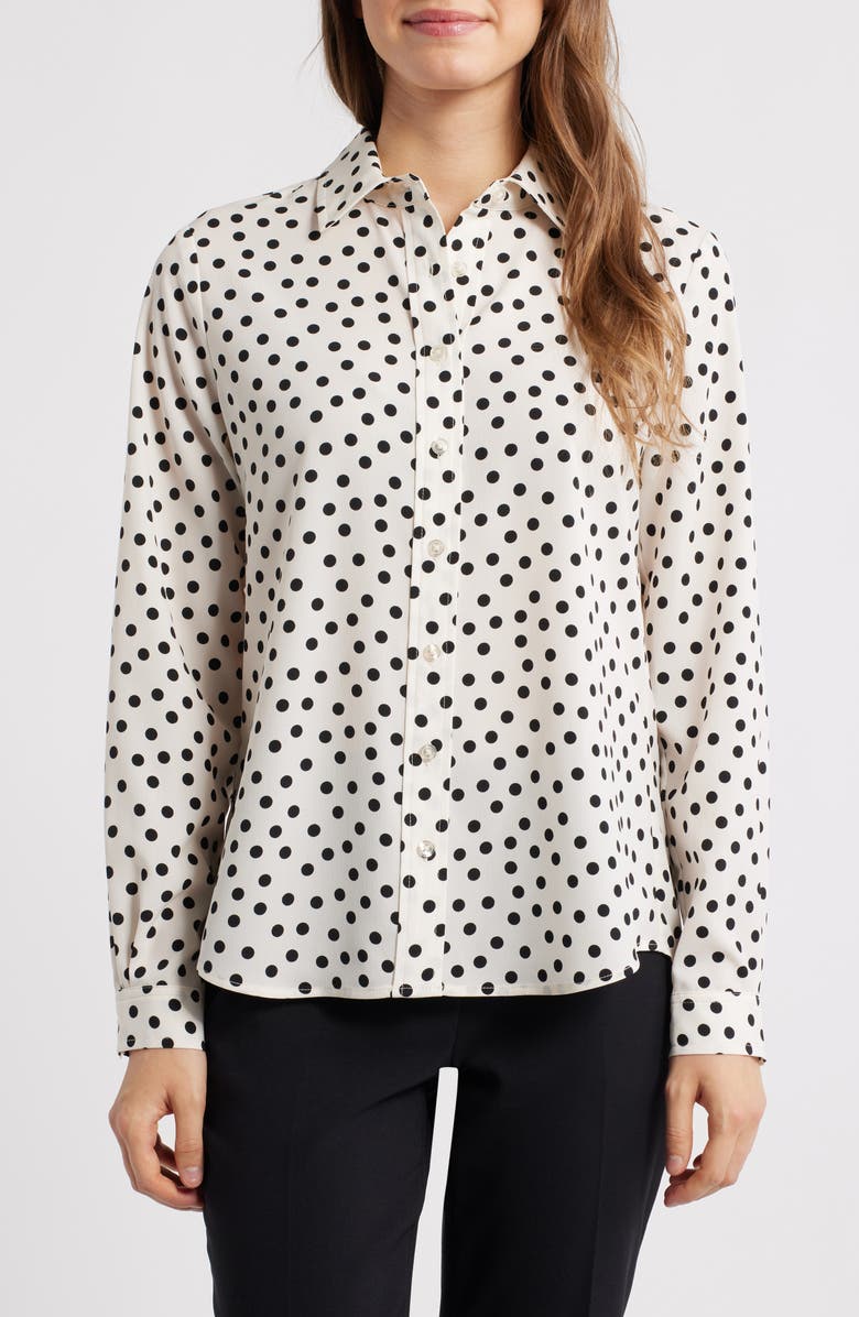 AK ANNE KLEIN Print Button-Up Shirt, Main, color, White Dove/ Anne Black