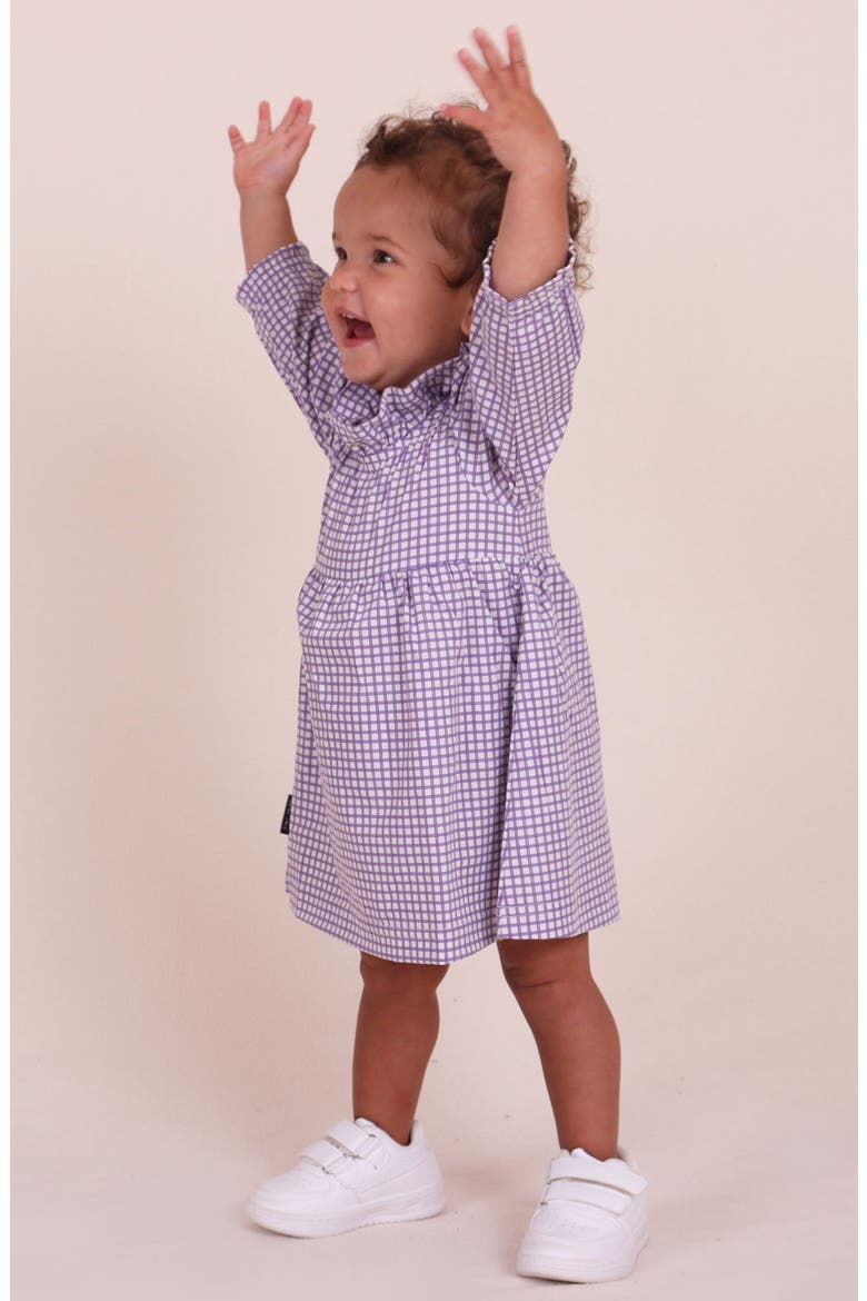 Check Long Sleeve Frill Neck Dress, Alternate, color, LILAC