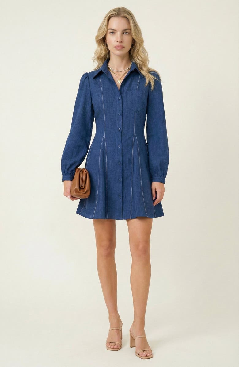 Modenaire Long-Sleeve Denim Contrast-Stitching Flared-Hem Shirt Dress, Alternate, color, Blue