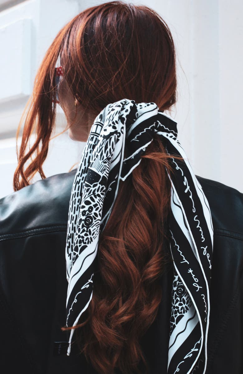 Jessie Zhao New York Double Sided Silk Scarf Of Black Garden, Alternate, color, Black