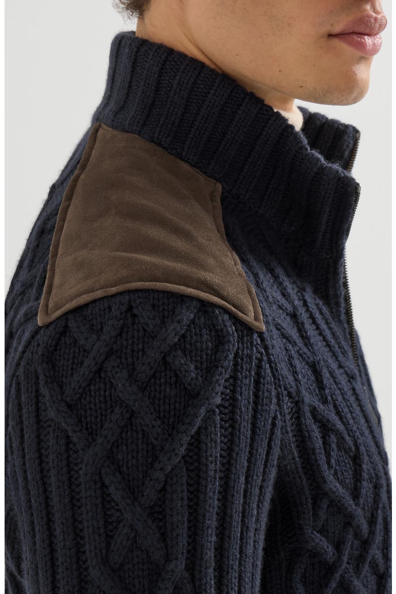 Cable knit cardigan in cashmere Feather yarn with suede inserts and zipper, Alternate, color, Navy Blue