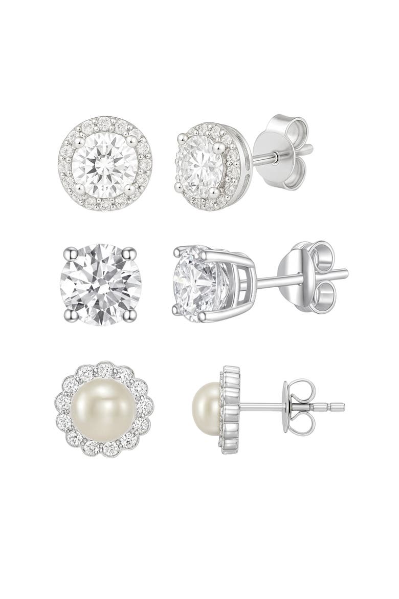 Sterling Silver Pearl And Crystal Earrings Set, Main, color, Silver
