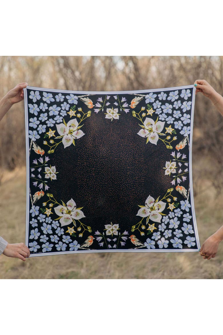 100% Silk Scarf Black Gentian - Floral Bird Design, Alternate, color, 35 x 35"