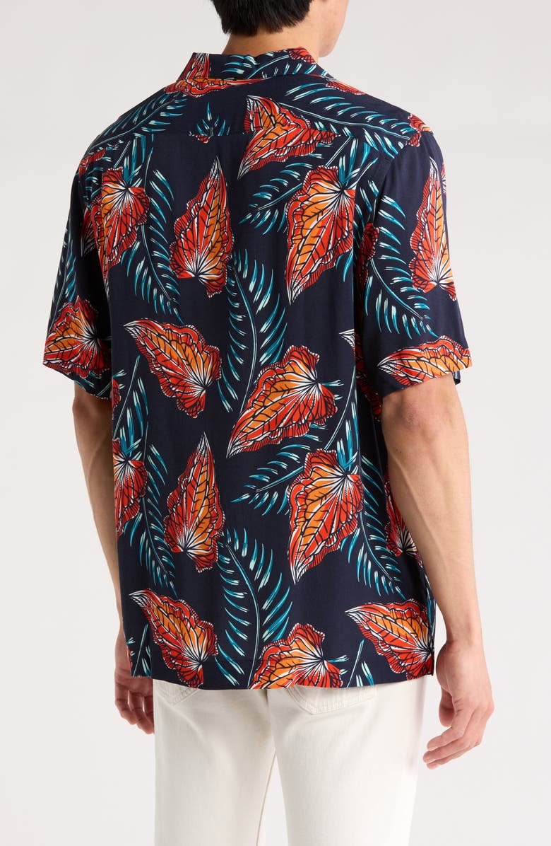 Original Penguin Leaves Slim Fit Camp Shirt, Alternate, color, Dark Sapphire