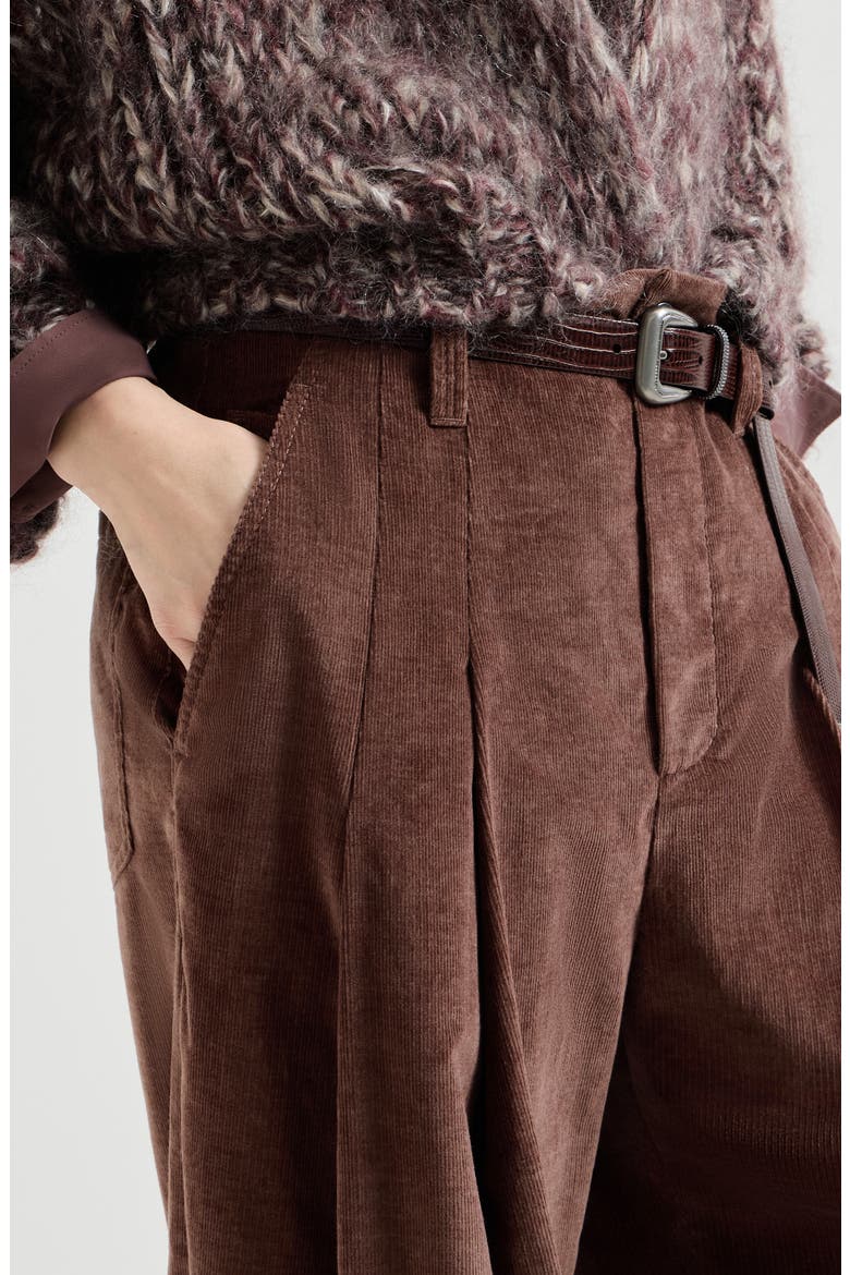 Stretch cotton and cashmere corduroy five-pocket baggy trousers with monili, Alternate, color, Chocolate
