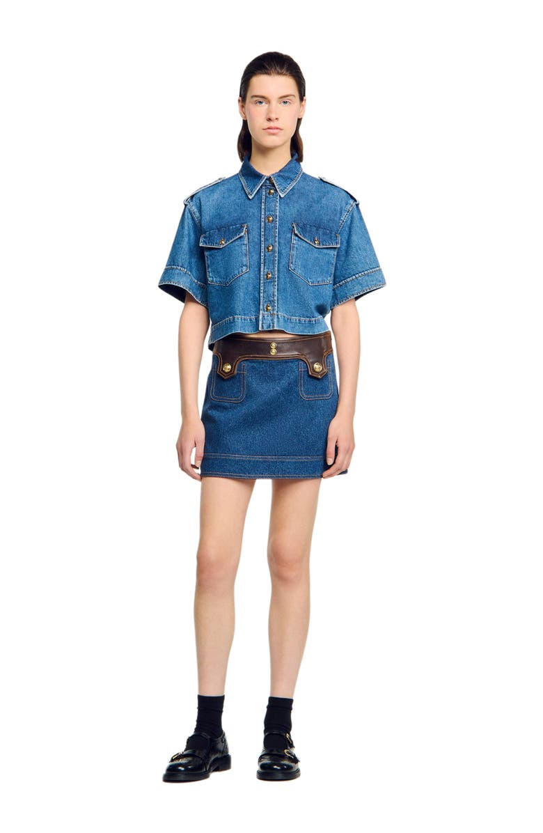SANDRO Short denim and leather skirt, Main, color, Dark Blue
