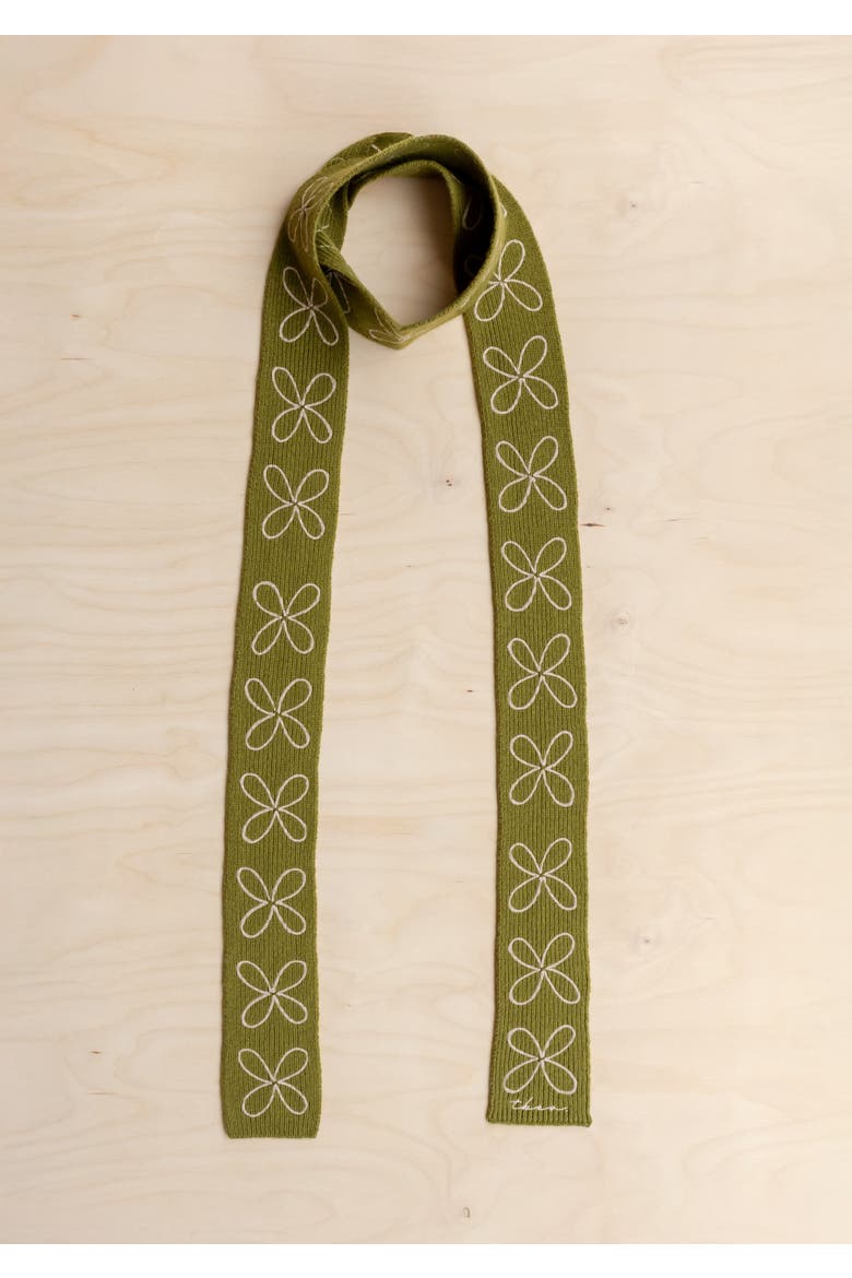 Merino Wool Flora Skinny Scarf, Alternate, color, Olive Flora