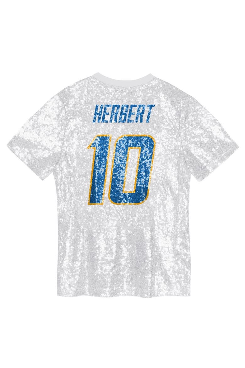 Girls Youth Justin Herbert Powder Blue Los Angeles Chargers Sequin V-Neck Fashion Jersey, Alternate, color, White