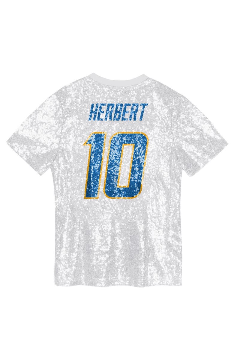 Outerstuff Girls Youth Justin Herbert Powder Blue Los Angeles Chargers Sequin V-Neck Fashion Jersey, Alternate, color, White