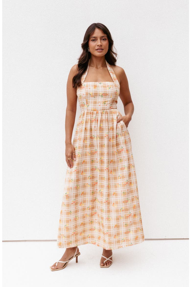 Gemini Floral Check Halter Neck Maxi Dress, Alternate, color, YELLOW FLORAL GINGHAM