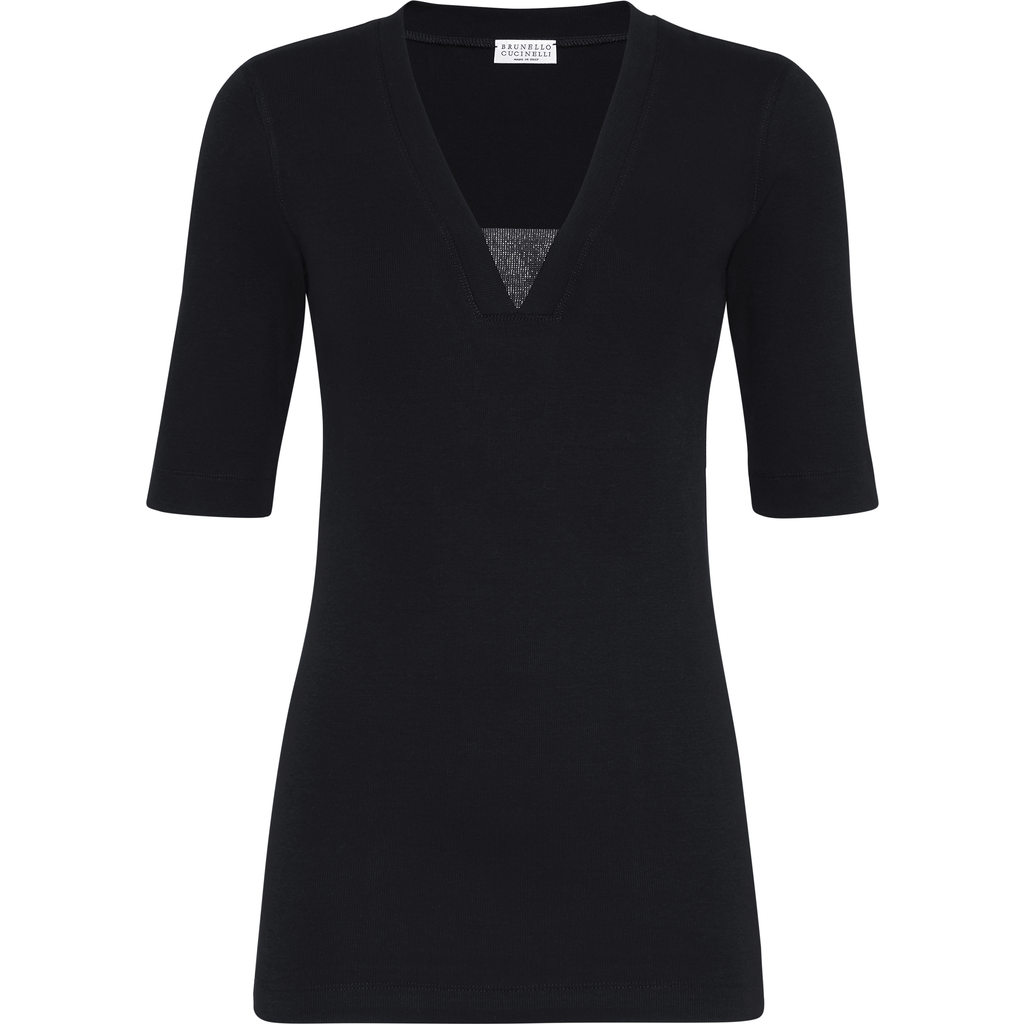 Brunello Cucinelli Women Cotton V-necked Top In Black