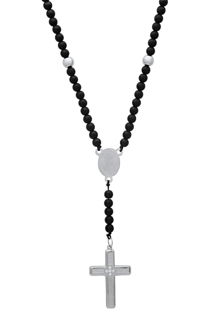 Men's Black Lava Beaded Rosary Necklace, Main, color, SILVER/ BLACK