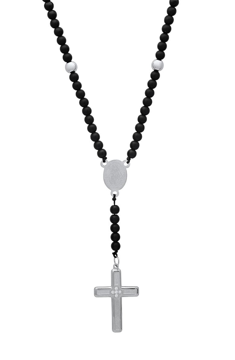 HMY JEWELRY Men's Black Lava Beaded Rosary Necklace, Main, color, Silver/ Black