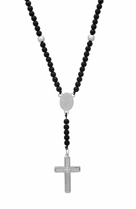 HMY JEWELRY Men's Black Lava Beaded Rosary Necklace