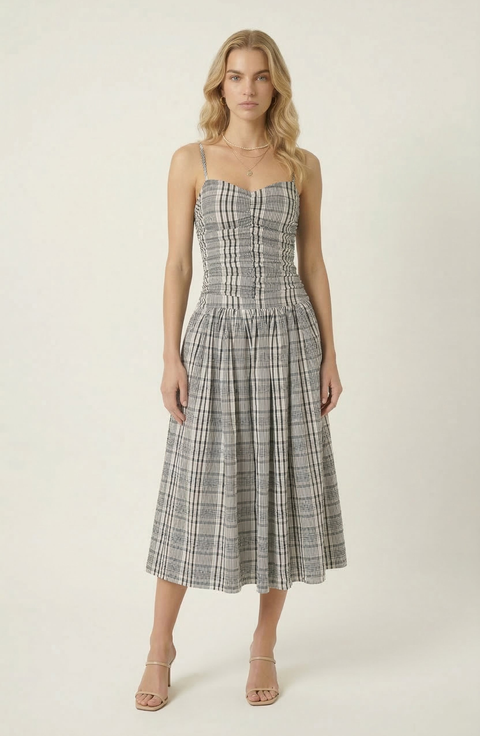 Plaid Smocked Bodice Midi Dress
