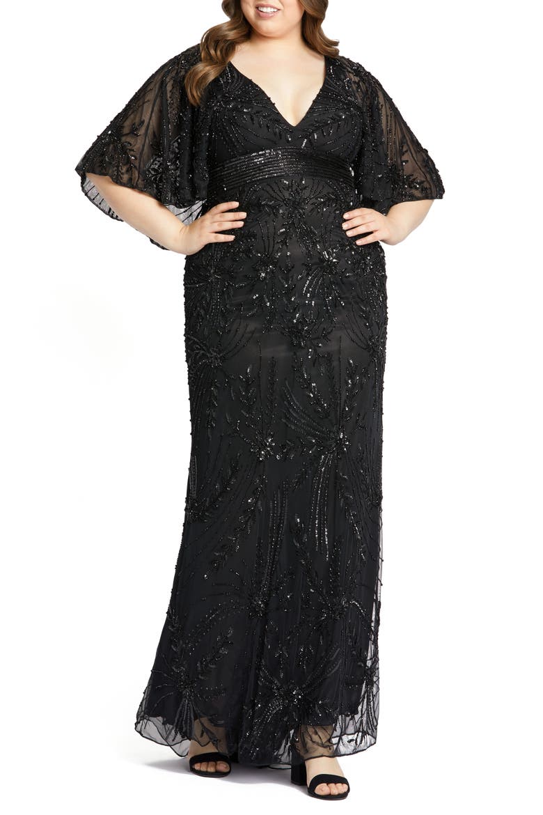 Beaded Cape Sleeve Column Gown, Main, color, BLACK