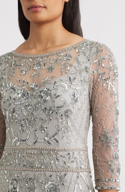 Pisarro Nights Beaded Chiffon Column Gown In Silver