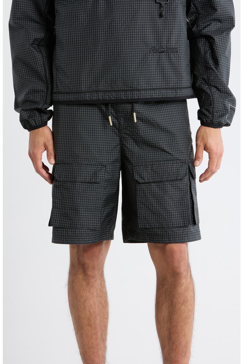 Tahoe Check Print Nylon Blend Drawstring Cargo Shorts, Main, color, BLACK
