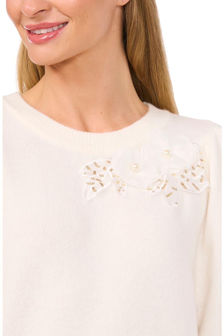 Sequin Floral Appliqué Sweater, Alternate, color, ANTIQUE WHITE