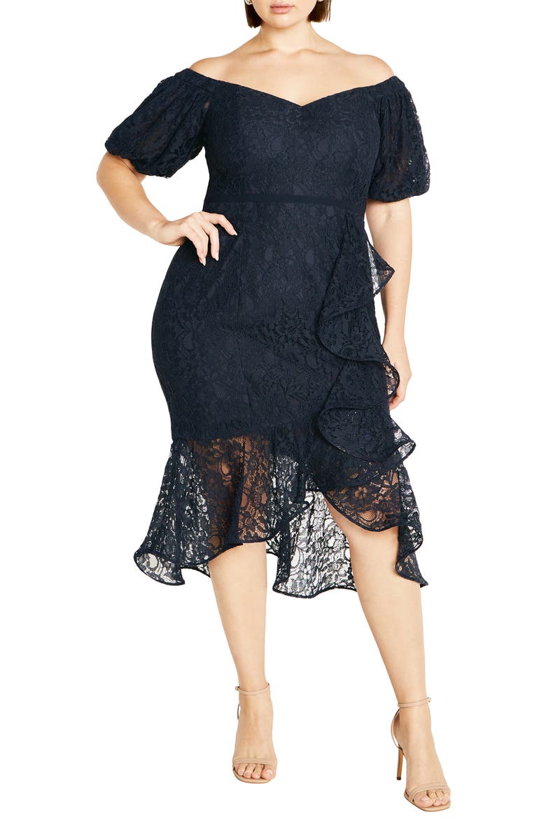 Lily Off the Shoulder Lace Dress, Main, color, NAVY