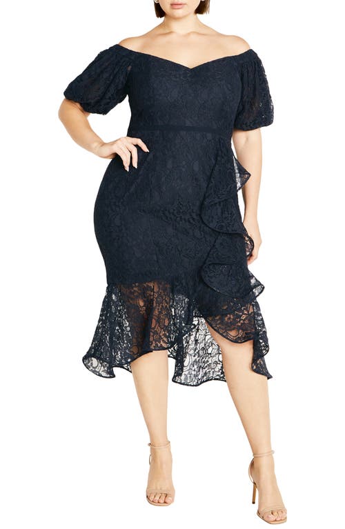 City Chic Lily Off the Shoulder Lace Dress in Navy 